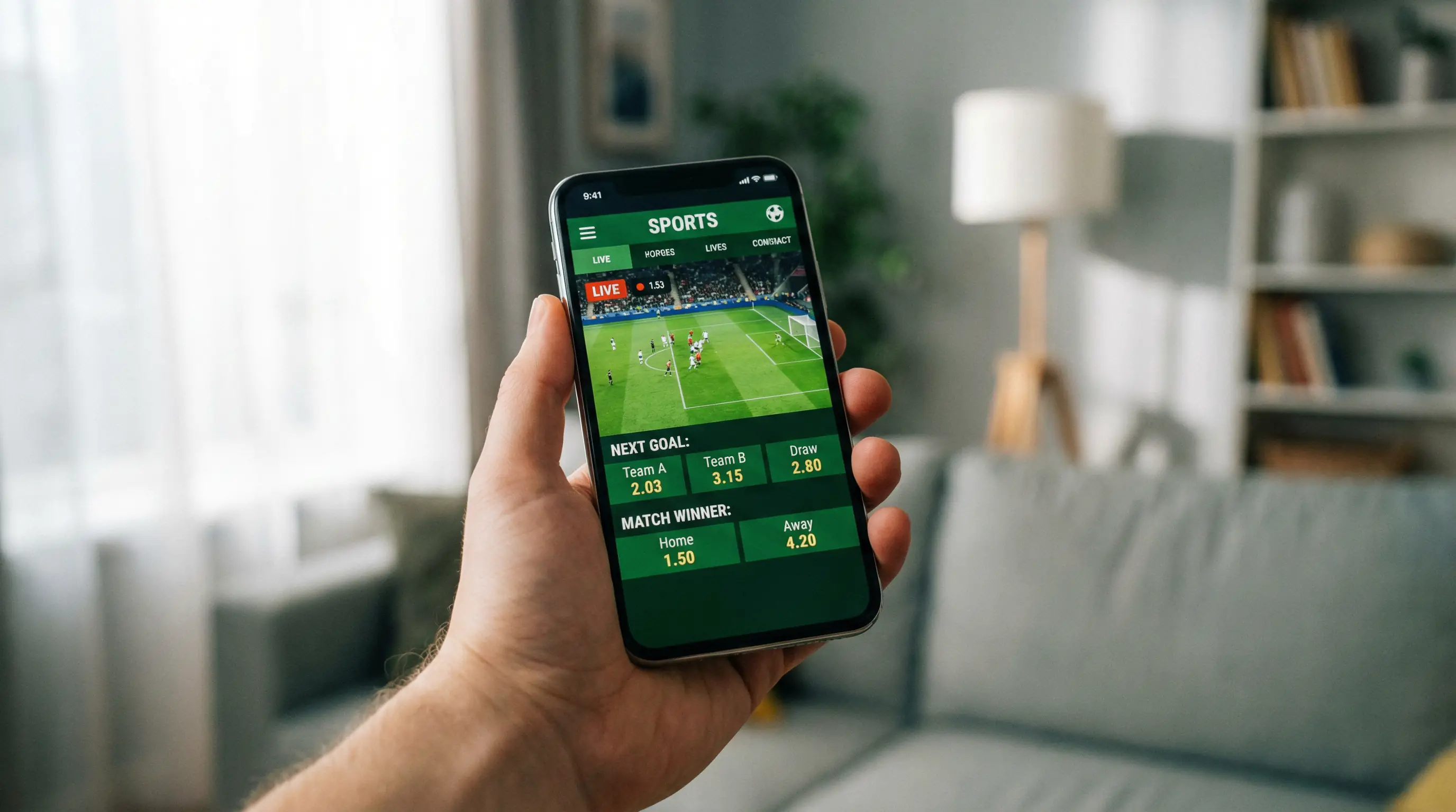 Smartphone mostrando aplicación de apuestas deportivas con partido en vivo
