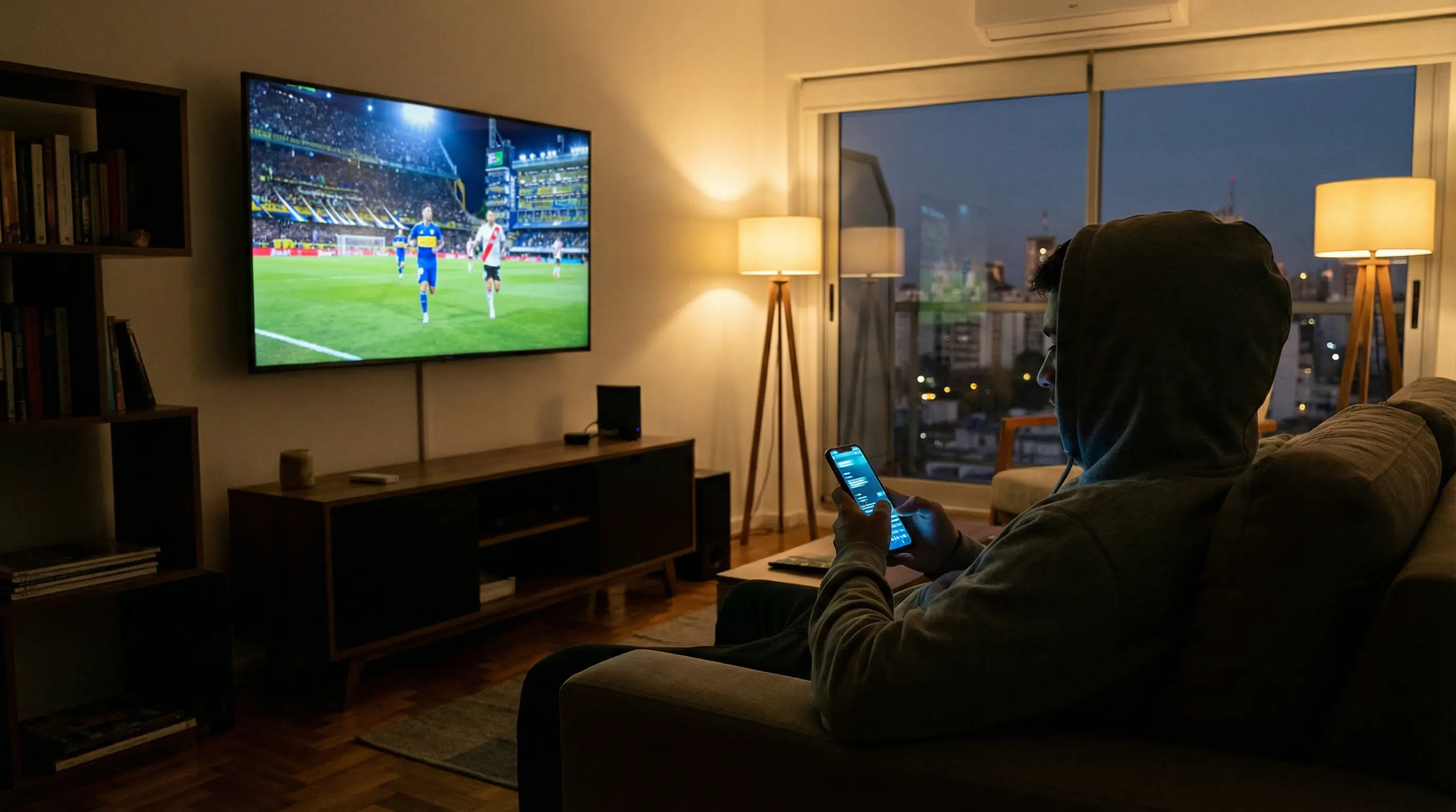 Persona usando smartphone para realizar apuestas en vivo durante un partido de fútbol argentino