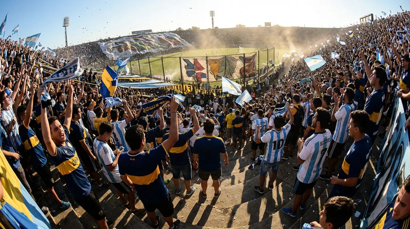Hinchada argentina alentando en un estadio de fútbol durante un partido nocturno de la Liga Profesional