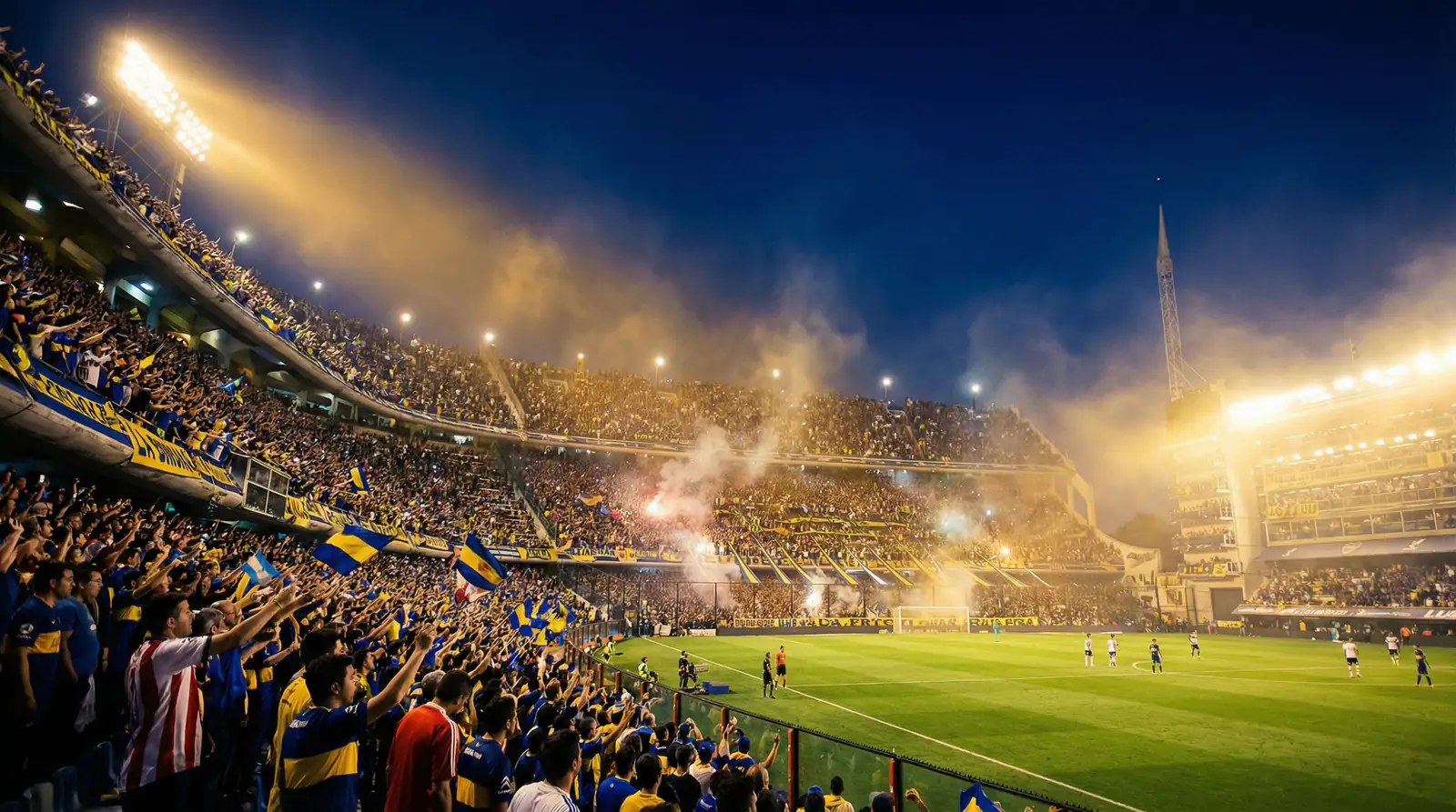 Estadio de fútbol argentino con aficionados durante un partido nocturno de la Liga Profesional