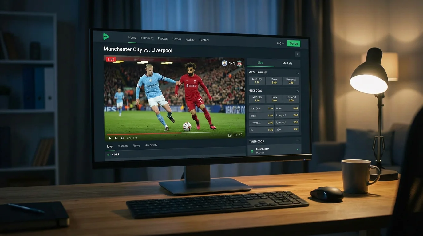 Pantalla de computadora mostrando partido de fútbol en streaming junto a mercados de apuestas